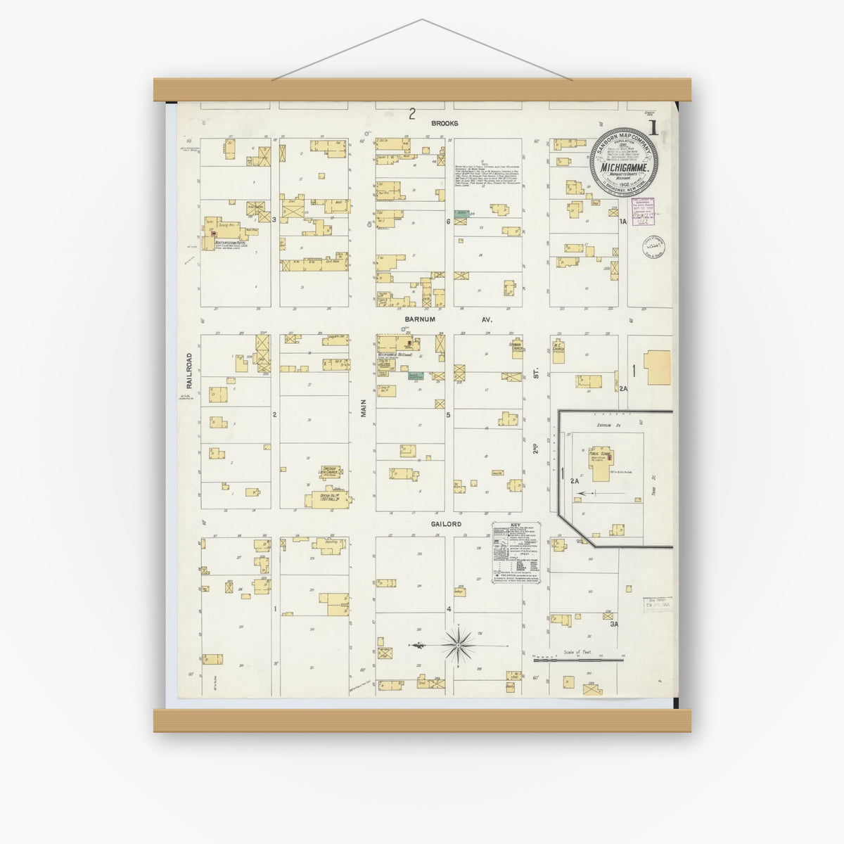 Old map wall art mockup — magnetic wood frame on white wall — Sanborn Fire Insurance Map from Michigamme, Marquette County, Michigan (1902), Sheet #0001