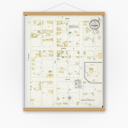 Old map wall art mockup — magnetic wood frame on white wall — Sanborn Fire Insurance Map from Michigamme, Marquette County, Michigan (1902), Sheet #0001