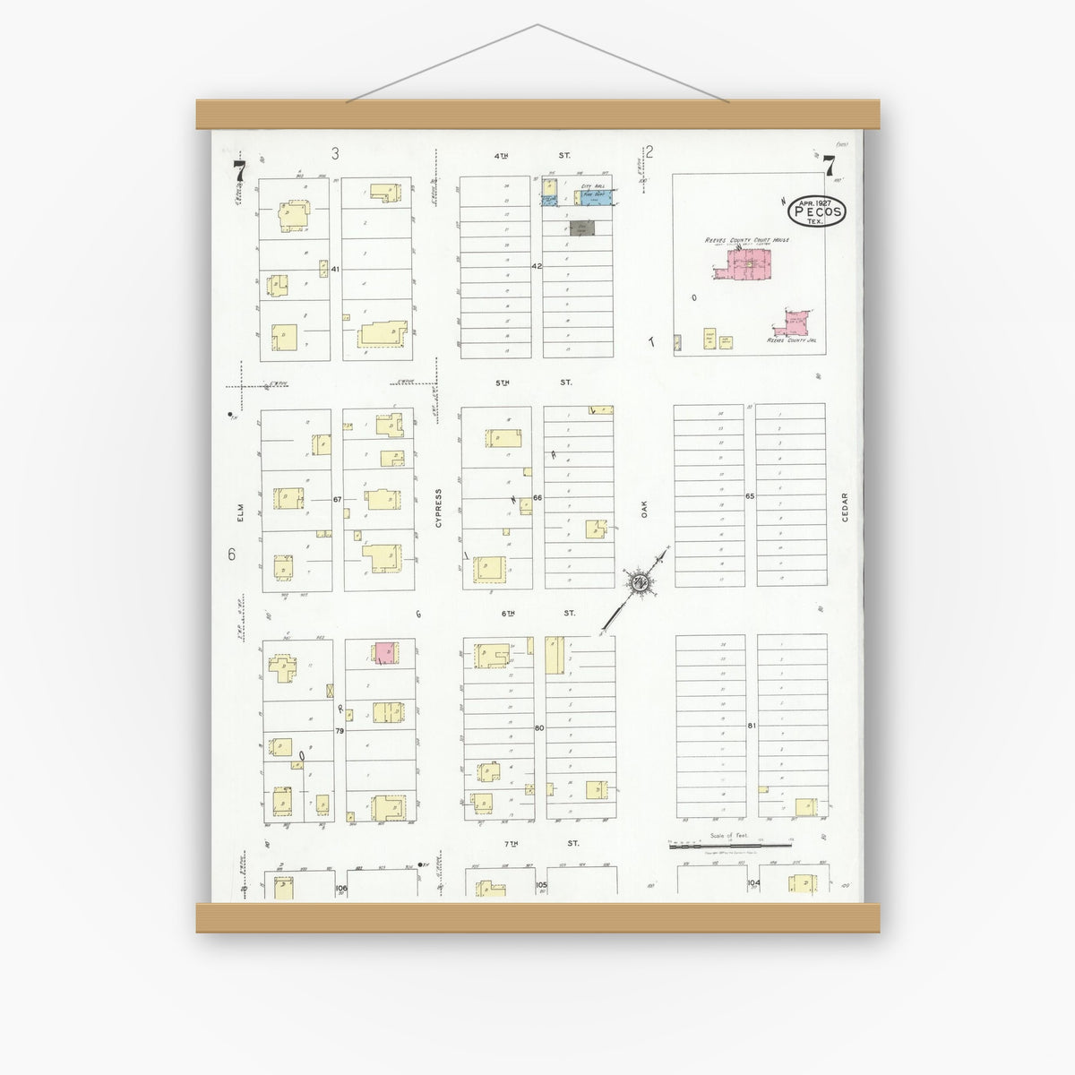 Old map wall art mockup — magnetic wood frame on white wall — Sanborn Fire Insurance Map from Pecos, Reeves County, Texas (1927), Sheet #0007