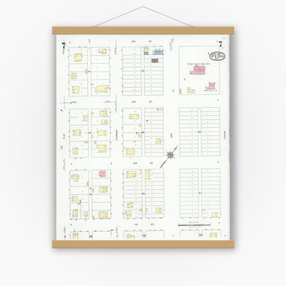 Old map wall art mockup — magnetic wood frame on white wall — Sanborn Fire Insurance Map from Pecos, Reeves County, Texas (1927), Sheet #0007