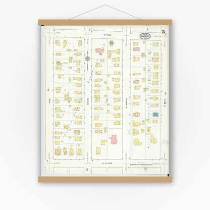 Old map wall art mockup — magnetic wood frame on white wall — Sanborn Fire Insurance Map from Owosso, Shiawassee County, Michigan (1915), Sheet #0005