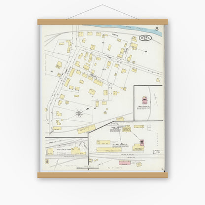 Old map wall art mockup — magnetic wood frame on white wall — Sanborn Fire Insurance Map from Ware, Hampshire County, Massachusetts (1896), Sheet #0008