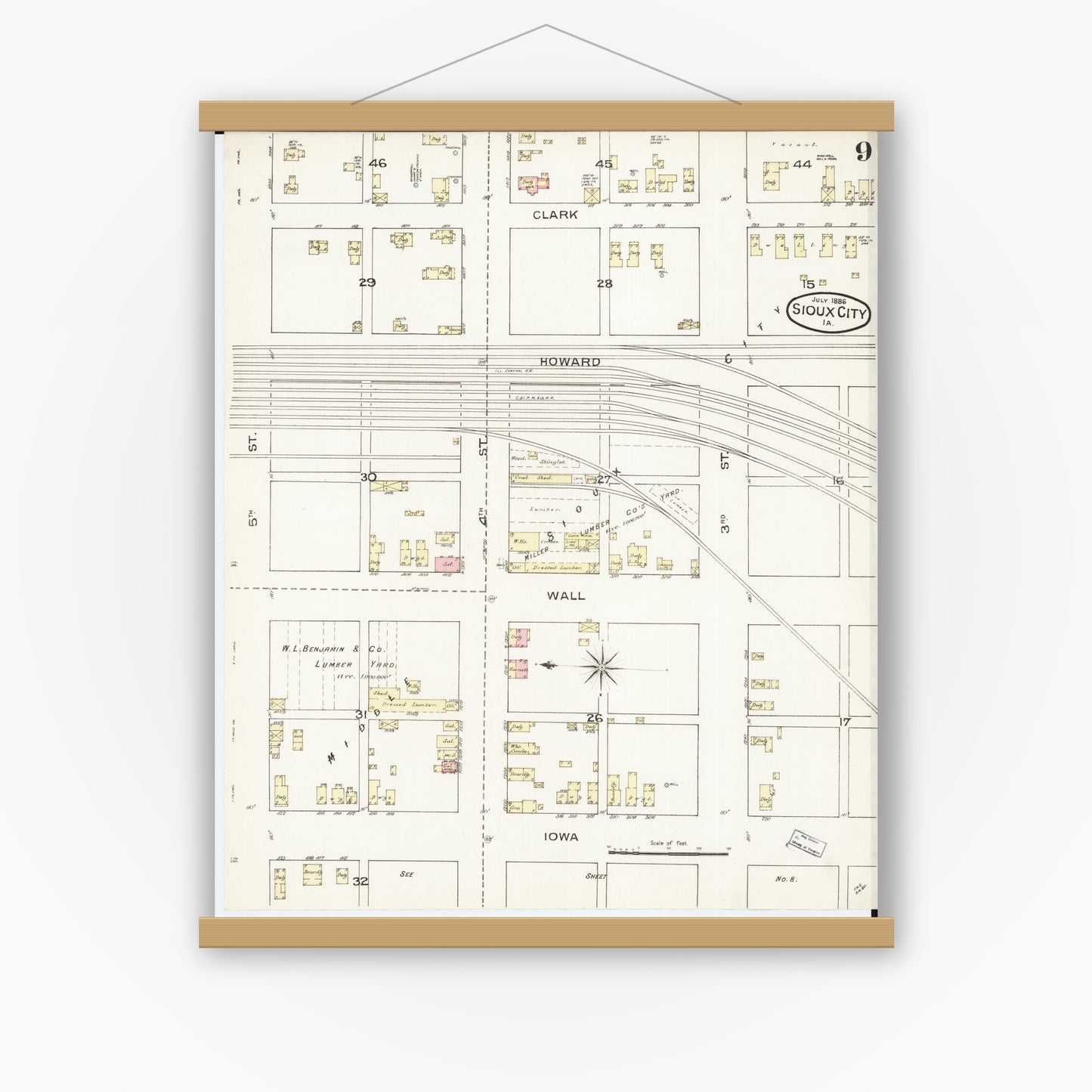 Old map wall art mockup — magnetic wood frame on white wall — Sanborn Fire Insurance Map from Sioux City, Woodbury County, Iowa (1886), Sheet #0009