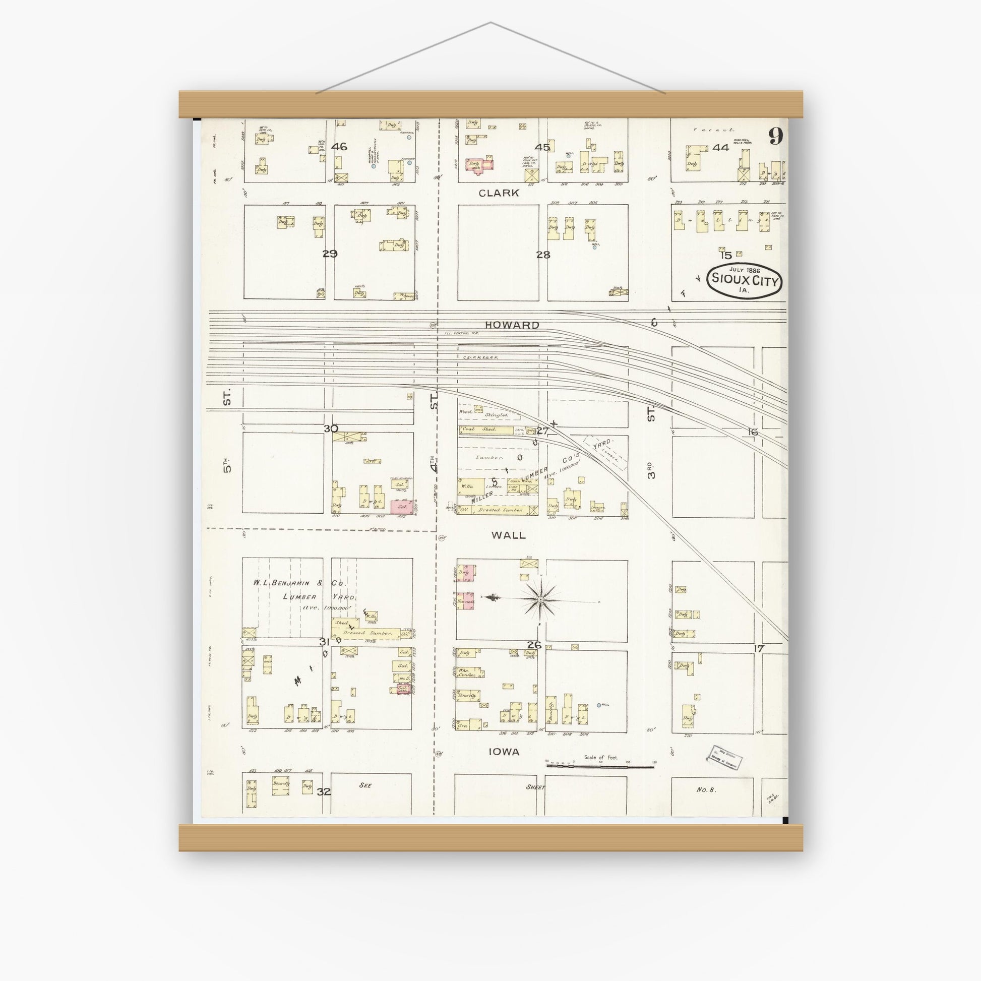 Old map wall art mockup — magnetic wood frame on white wall — Sanborn Fire Insurance Map from Sioux City, Woodbury County, Iowa (1886), Sheet #0009