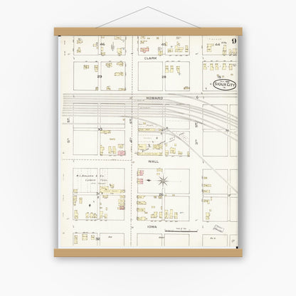 Old map wall art mockup — magnetic wood frame on white wall — Sanborn Fire Insurance Map from Sioux City, Woodbury County, Iowa (1886), Sheet #0009