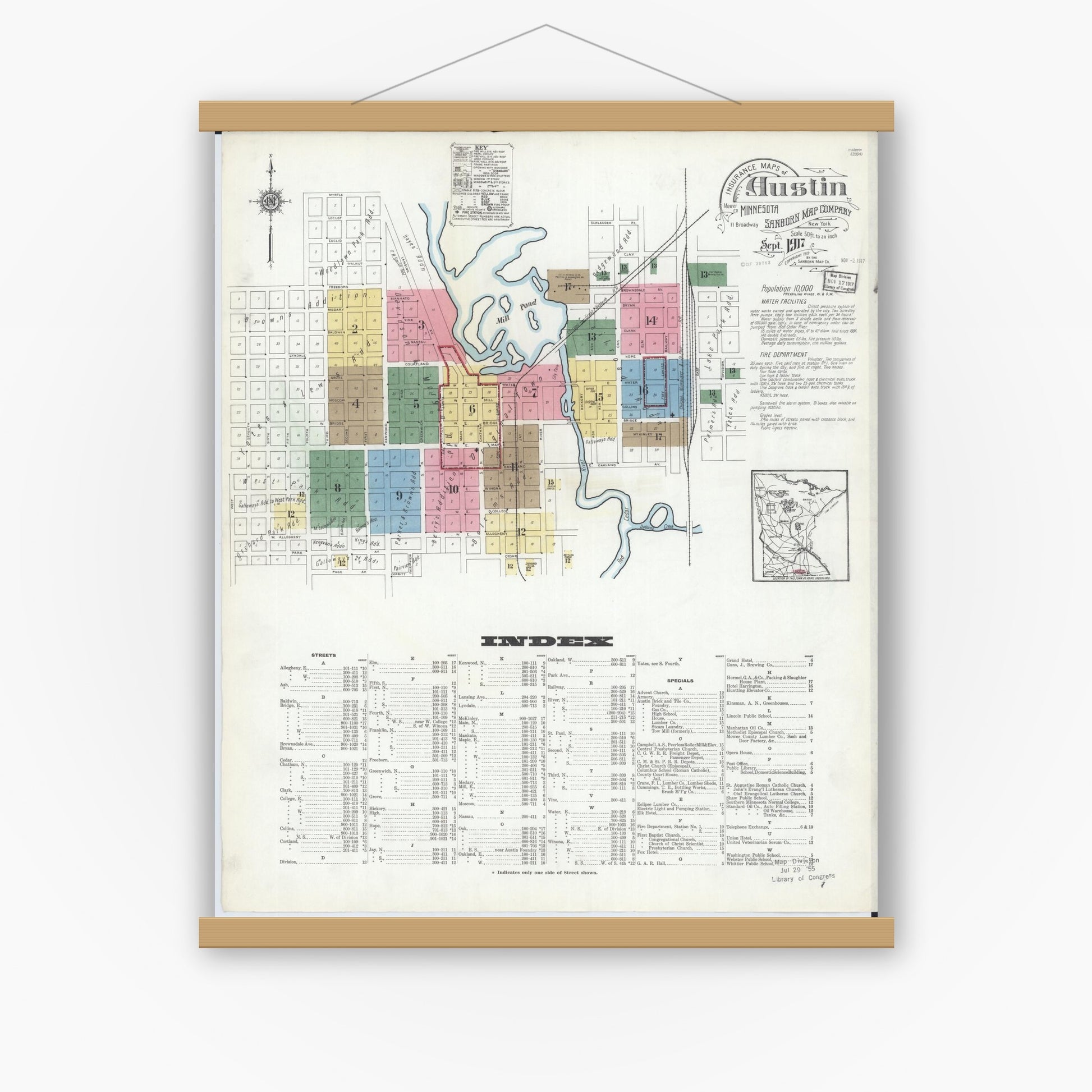 Old map wall art mockup — magnetic wood frame on white wall — Sanborn Fire Insurance Map from Austin, Mower County, Minnesota (1917), Sheet #0001