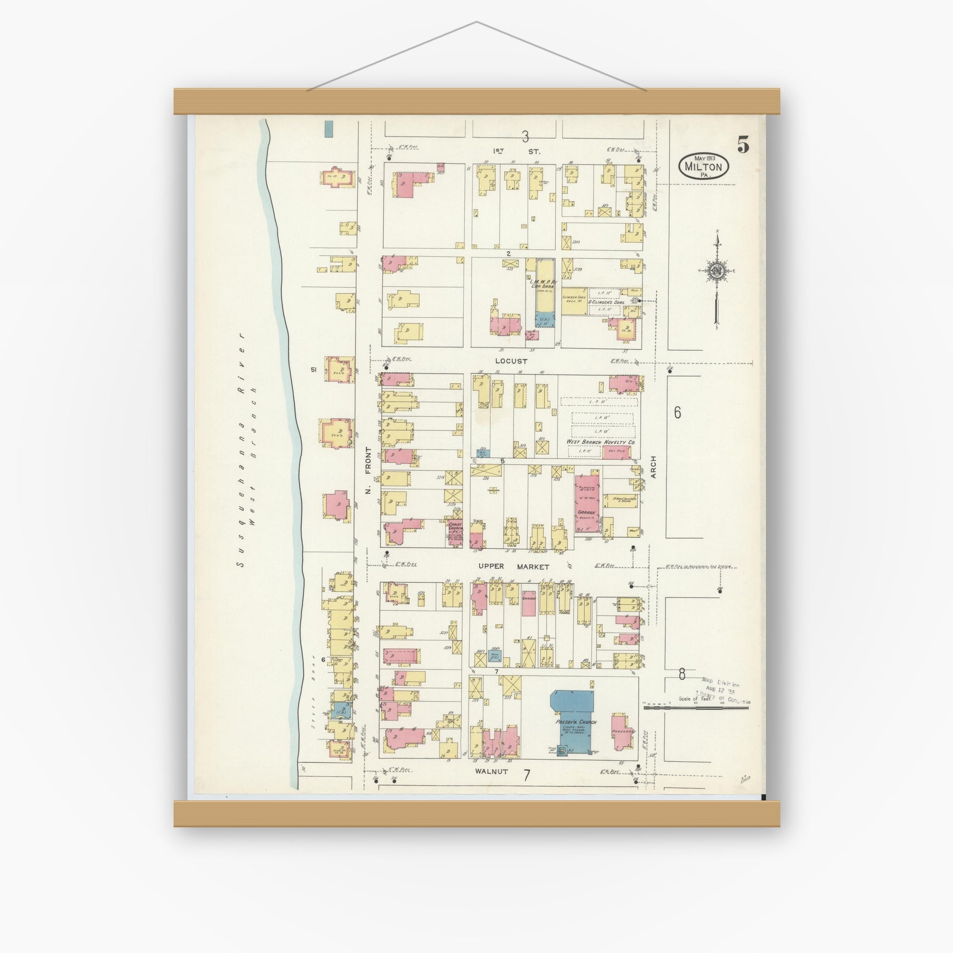 Old map wall art mockup — magnetic wood frame on white wall — Sanborn Fire Insurance Map from Milton, Northumberland County, Pennsylvania (1913), Sheet #0005