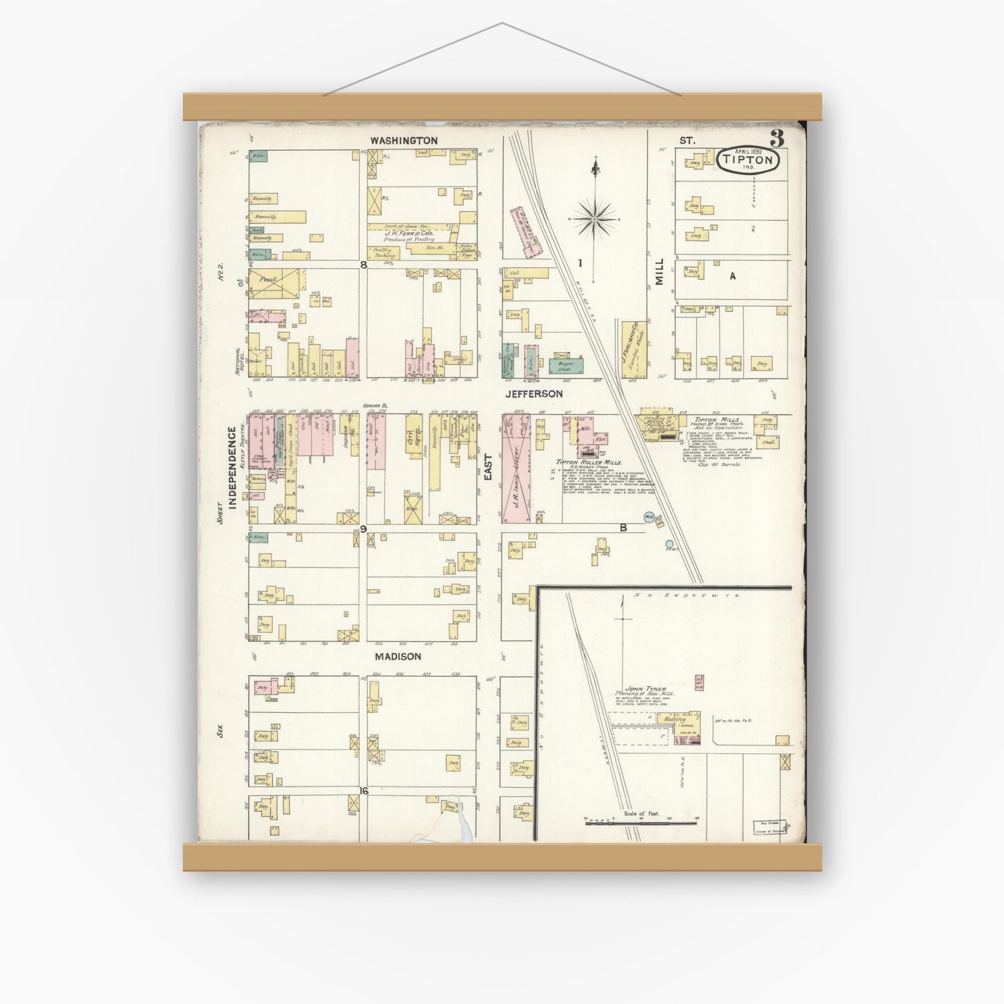 Old map wall art mockup — magnetic wood frame on white wall — Sanborn Fire Insurance Map from Tipton, Tipton County, Indiana (1890), Sheet #0003