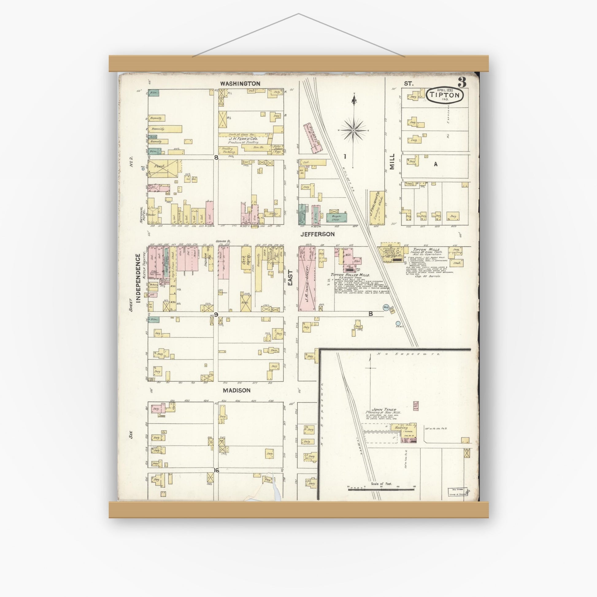 Old map wall art mockup — magnetic wood frame on white wall — Sanborn Fire Insurance Map from Tipton, Tipton County, Indiana (1890), Sheet #0003
