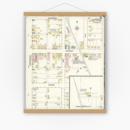Old map wall art mockup — magnetic wood frame on white wall — Sanborn Fire Insurance Map from Tipton, Tipton County, Indiana (1890), Sheet #0003