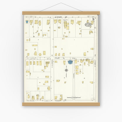 Old map wall art mockup — magnetic wood frame on white wall — Sanborn Fire Insurance Map from De Land, Volusia County, Florida (1921), Sheet #0005