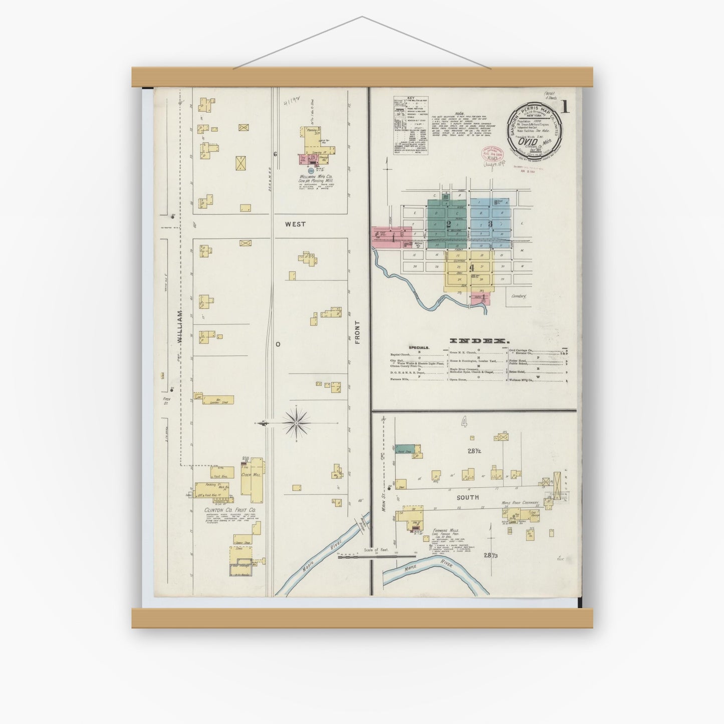 Old map wall art mockup — magnetic wood frame on white wall — Sanborn Fire Insurance Map from Ovid, Clinton County, Michigan (1895) - Complete Map Set