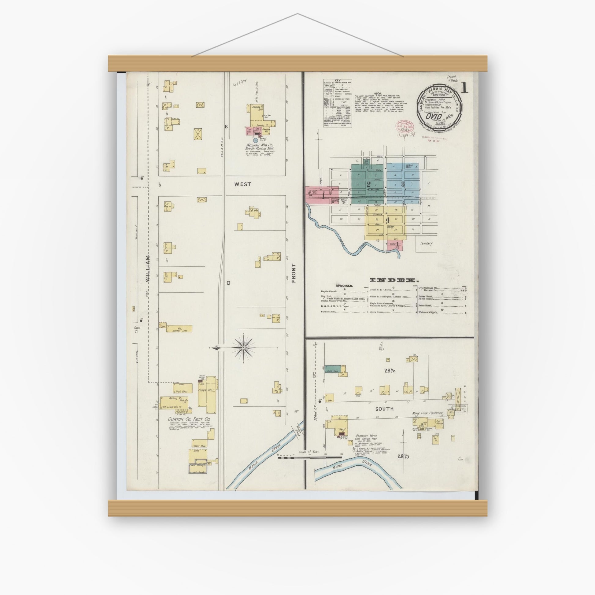 Old map wall art mockup — magnetic wood frame on white wall — Sanborn Fire Insurance Map from Ovid, Clinton County, Michigan (1895) - Complete Map Set