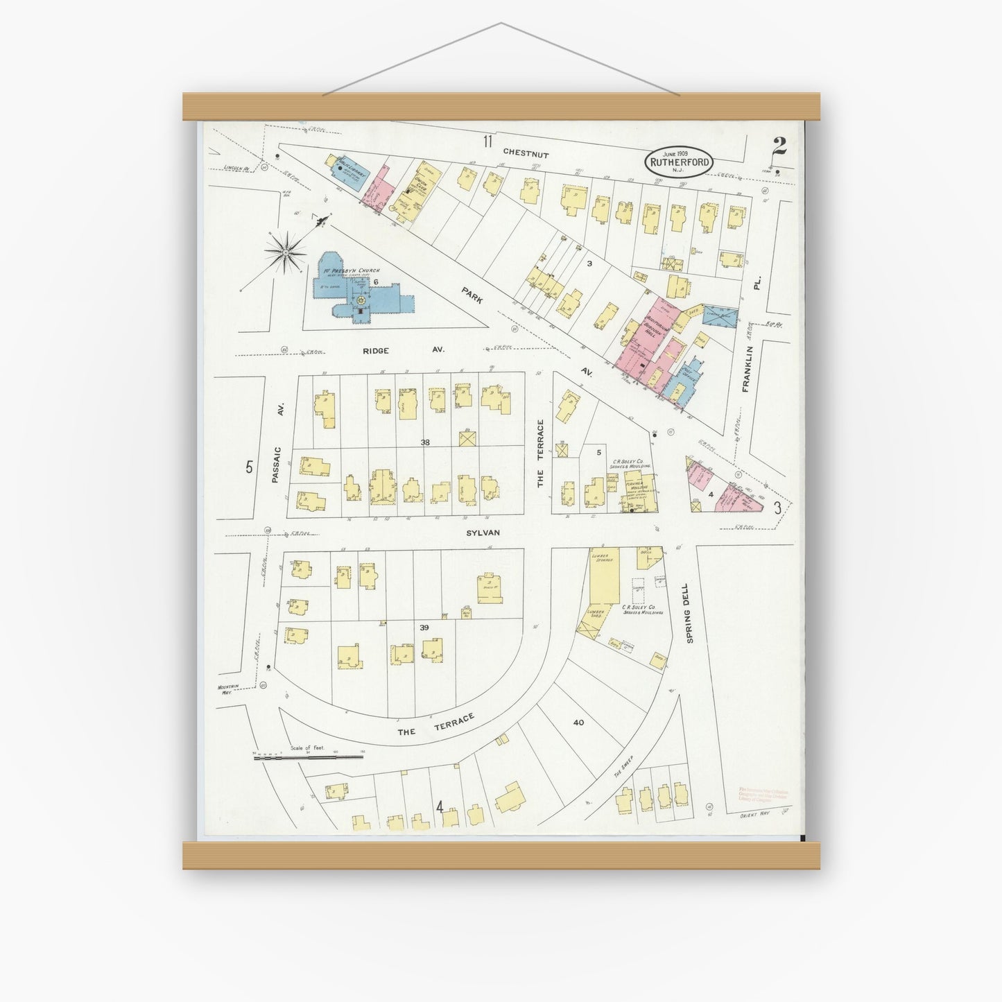 Old map wall art mockup — magnetic wood frame on white wall — Sanborn Fire Insurance Map from Rutherford, Bergen County, New Jersey (1909) - Complete Map Set
