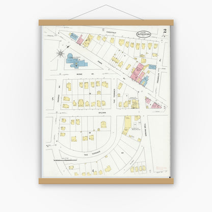 Old map wall art mockup — magnetic wood frame on white wall — Sanborn Fire Insurance Map from Rutherford, Bergen County, New Jersey (1909) - Complete Map Set
