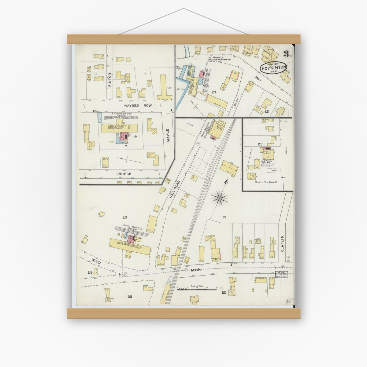 Old map wall art mockup — magnetic wood frame on white wall — Sanborn Fire Insurance Map from Hopkinton, Middlesex County, Massachusetts (1894), Sheet #0003