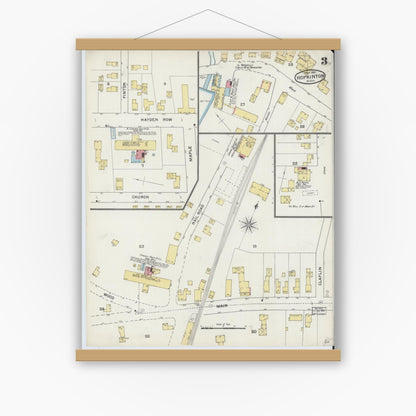 Old map wall art mockup — magnetic wood frame on white wall — Sanborn Fire Insurance Map from Hopkinton, Middlesex County, Massachusetts (1894), Sheet #0003