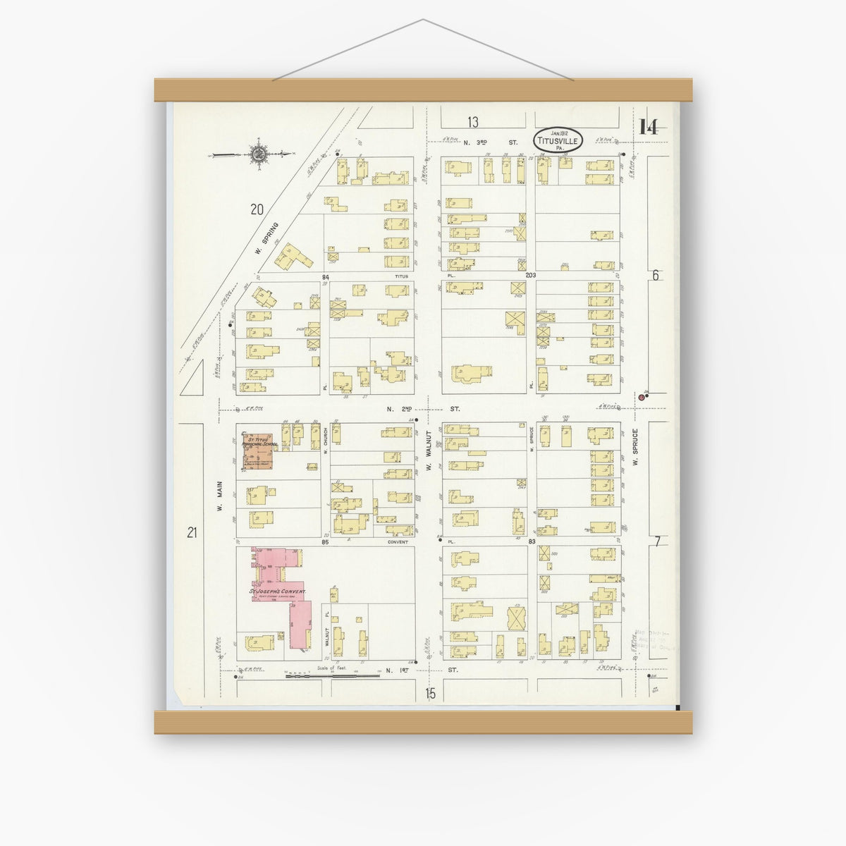 Old map wall art mockup — magnetic wood frame on white wall — Sanborn Fire Insurance Map from Titusville, Crawford County, Pennsylvania (1912), Sheet #0014