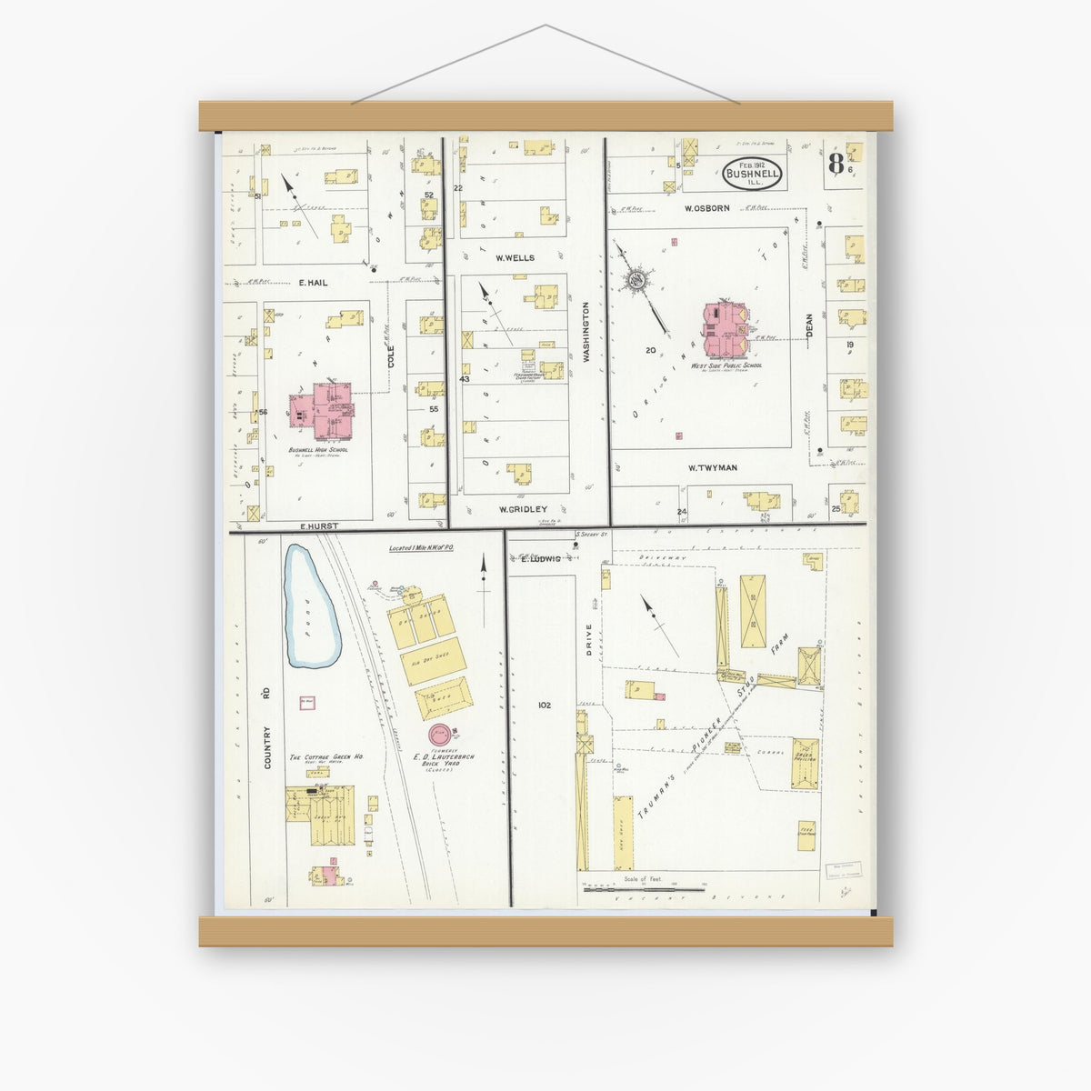 Old map wall art mockup — magnetic wood frame on white wall — Sanborn Fire Insurance Map from Bushnell, Mcdonough County, Illinois (1912), Sheet #0008