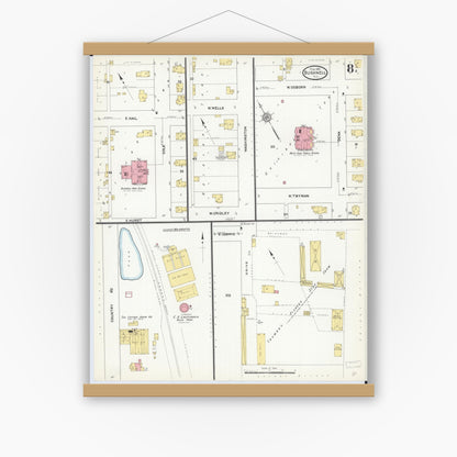Old map wall art mockup — magnetic wood frame on white wall — Sanborn Fire Insurance Map from Bushnell, Mcdonough County, Illinois (1912), Sheet #0008