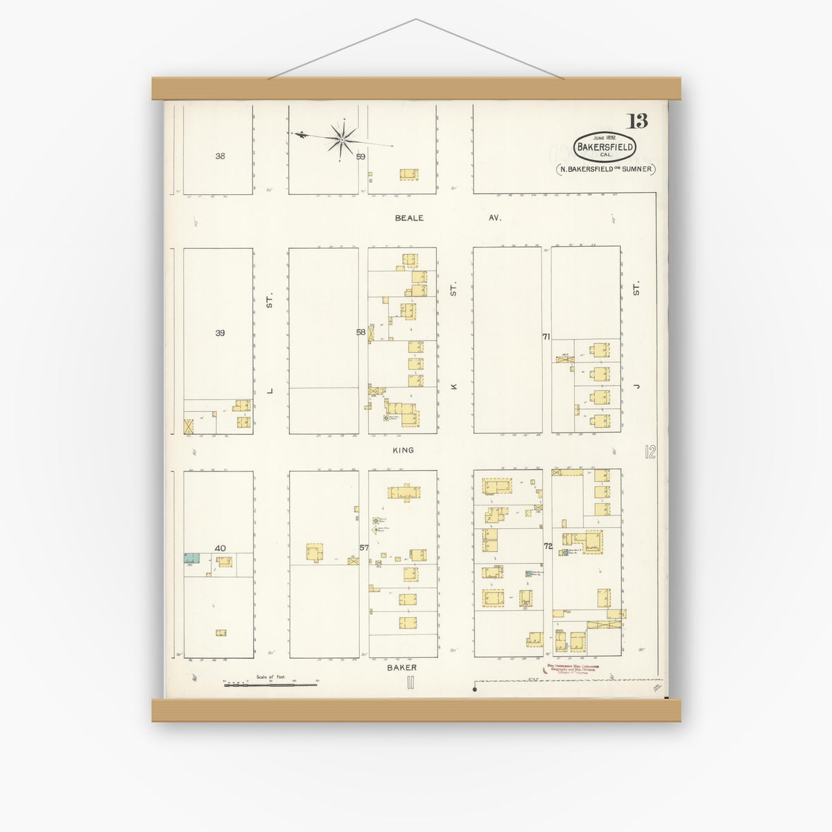 Old map wall art mockup — magnetic wood frame on white wall — Sanborn Fire Insurance Map from Bakersfield, Kern County, California (1892), Sheet #0013