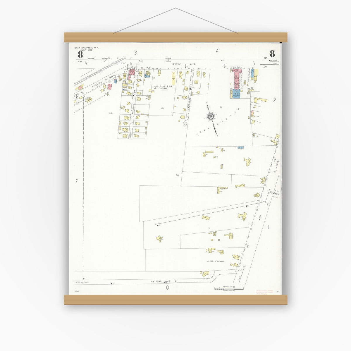 Old map wall art mockup — magnetic wood frame on white wall — Sanborn Fire Insurance Map from Easthampton, Suffolk County, New York (1936), Sheet #0008