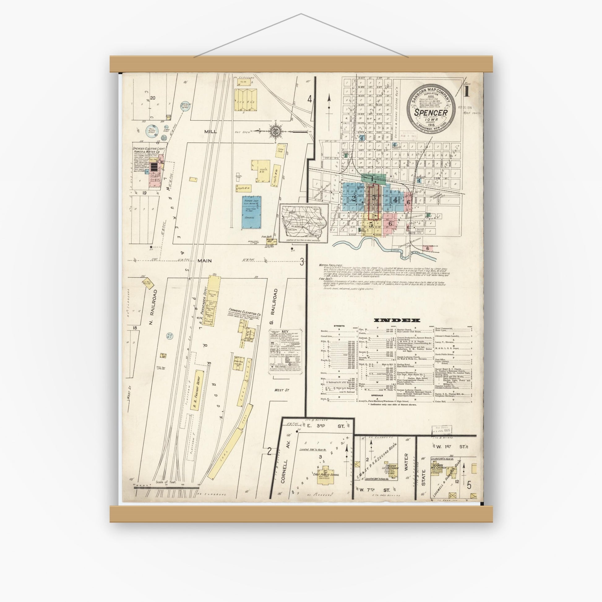 Old map wall art mockup — magnetic wood frame on white wall — Sanborn Fire Insurance Map from Spencer, Clay County, Iowa (1915), Sheet #0001