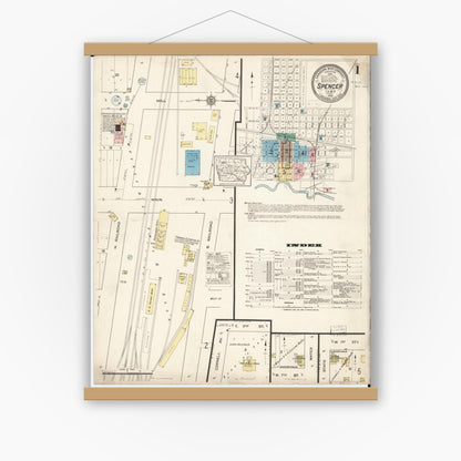 Old map wall art mockup — magnetic wood frame on white wall — Sanborn Fire Insurance Map from Spencer, Clay County, Iowa (1915), Sheet #0001