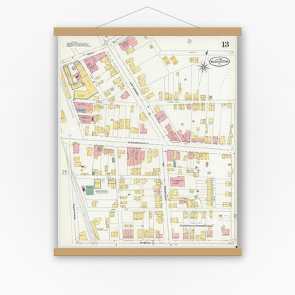 Old map wall art mockup — magnetic wood frame on white wall — Sanborn Fire Insurance Map from Washington, Washington County, Pennsylvania (1904), Sheet #0013