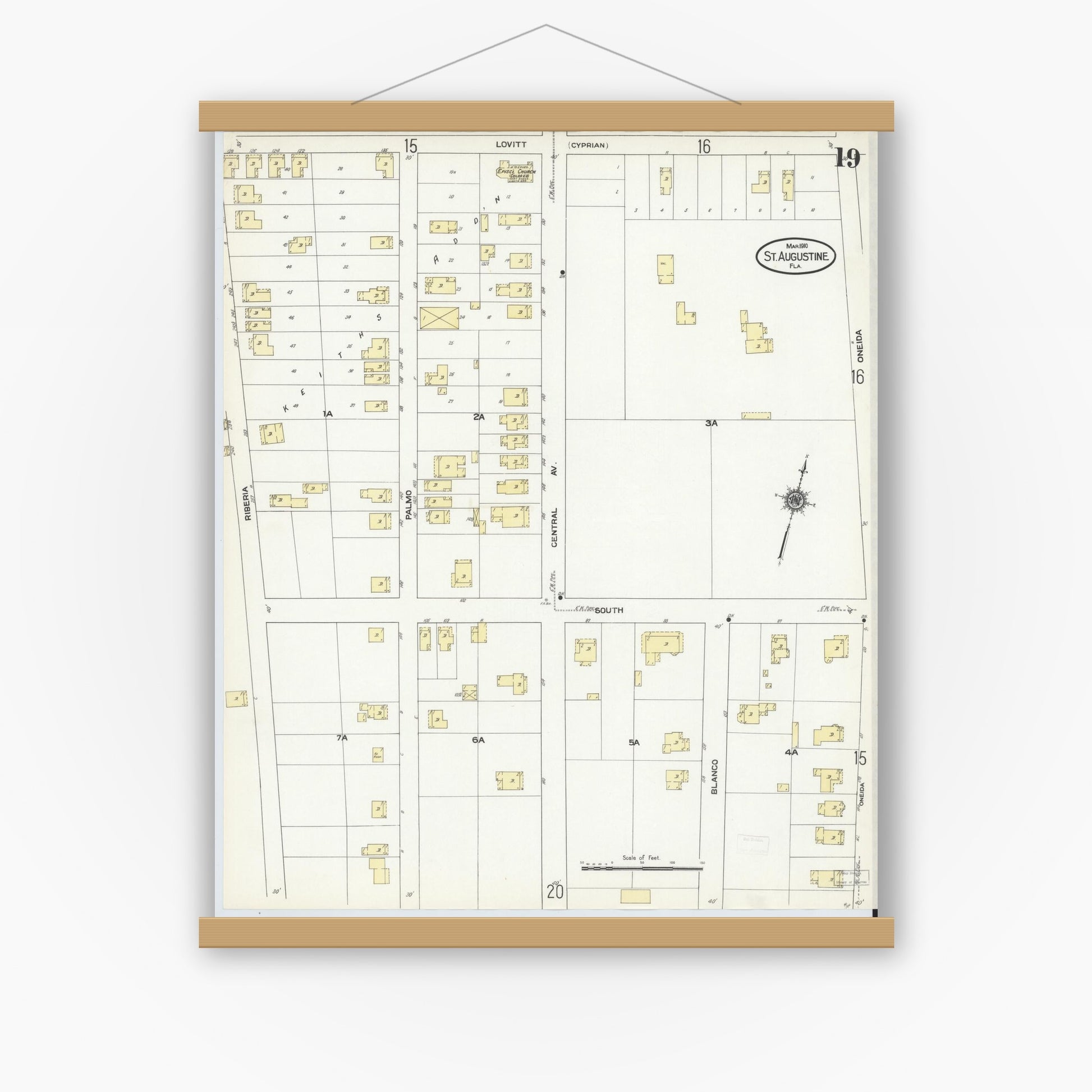 Old map wall art mockup — magnetic wood frame on white wall — Sanborn Fire Insurance Map from Saint Augustine, Saint John's County, Florida (1910), Sheet #0019