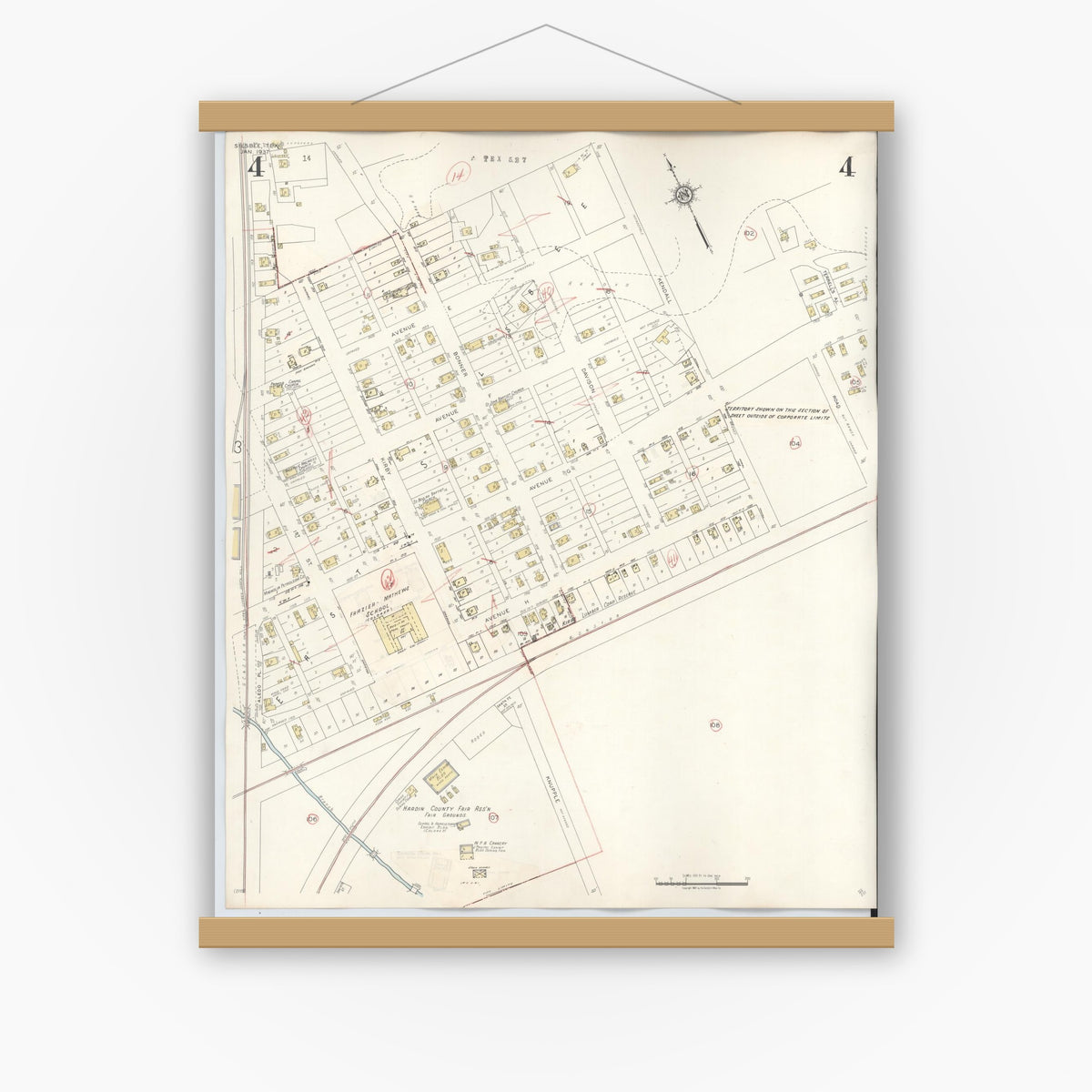 Old map wall art mockup — magnetic wood frame on white wall — Sanborn Fire Insurance Map from Silsbee, Hardin County, Texas (1942), Sheet #0004