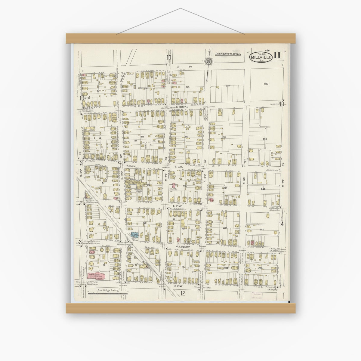 Old map wall art mockup — magnetic wood frame on white wall — Sanborn Fire Insurance Map from Millville, Cumberland County, New Jersey (1915), Sheet #0011