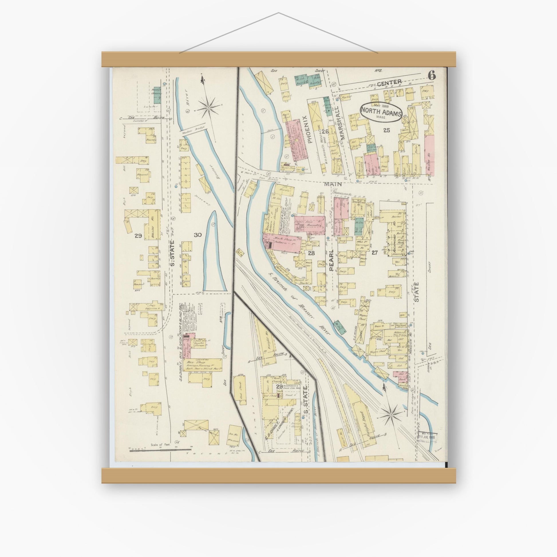 Old map wall art mockup — magnetic wood frame on white wall — Sanborn Fire Insurance Map from North Adams, Berkshire County, Massachusetts (1888), Sheet #0006