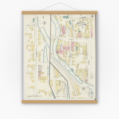 Old map wall art mockup — magnetic wood frame on white wall — Sanborn Fire Insurance Map from North Adams, Berkshire County, Massachusetts (1888), Sheet #0006