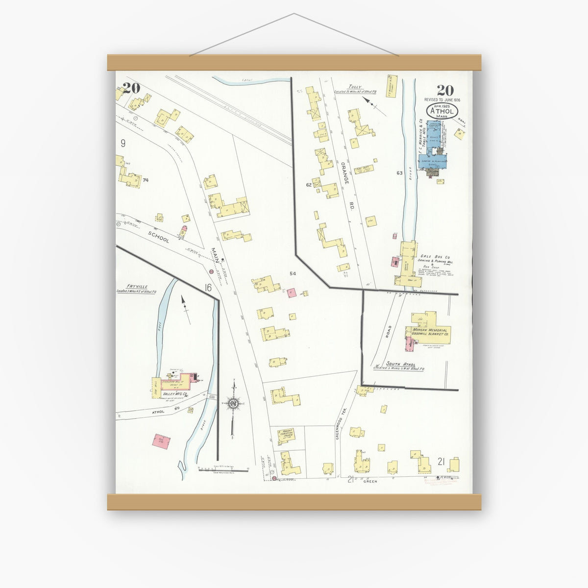 Old map wall art mockup — magnetic wood frame on white wall — Sanborn Fire Insurance Map from Athol, Worcester County, Massachusetts (1936), Sheet #0020