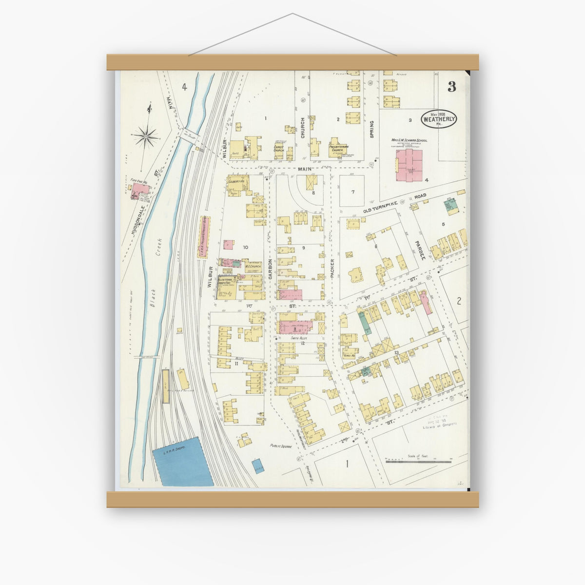 Old map wall art mockup — magnetic wood frame on white wall — Sanborn Fire Insurance Map from Weatherly, Carbon County, Pennsylvania (1905), Sheet #0003