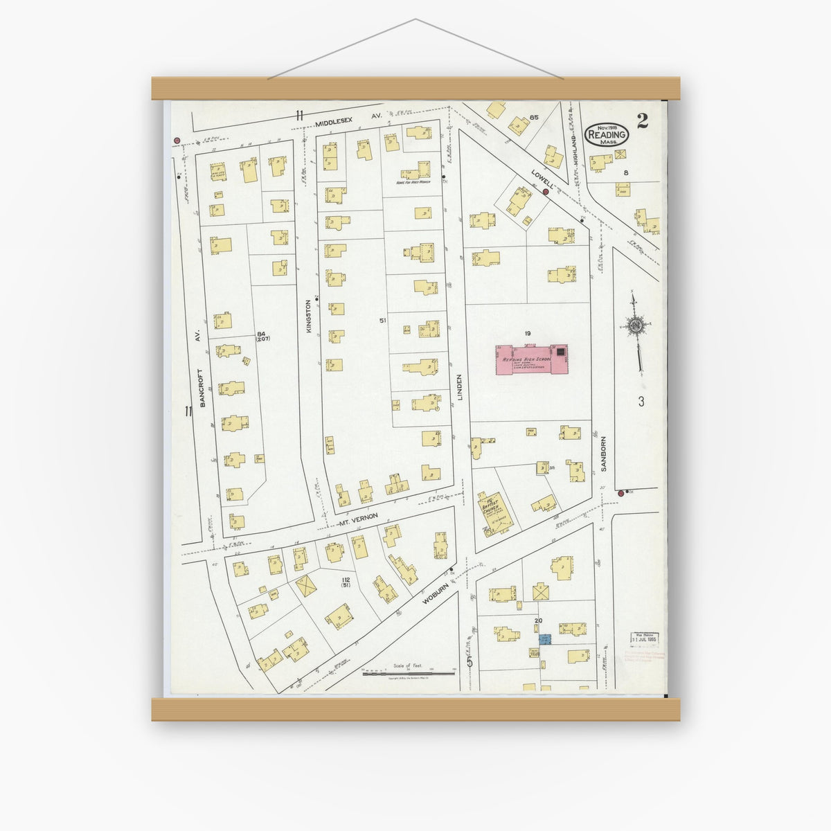 Old map wall art mockup — magnetic wood frame on white wall — Sanborn Fire Insurance Map from Reading, Middlesex County, Massachusetts (1918), Sheet #0002