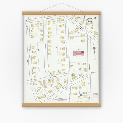 Old map wall art mockup — magnetic wood frame on white wall — Sanborn Fire Insurance Map from Reading, Middlesex County, Massachusetts (1918), Sheet #0002