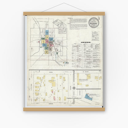 Old map wall art mockup — magnetic wood frame on white wall — Sanborn Fire Insurance Map from Hillsdale, Hillsdale County, Michigan (1913) - Complete Map Set