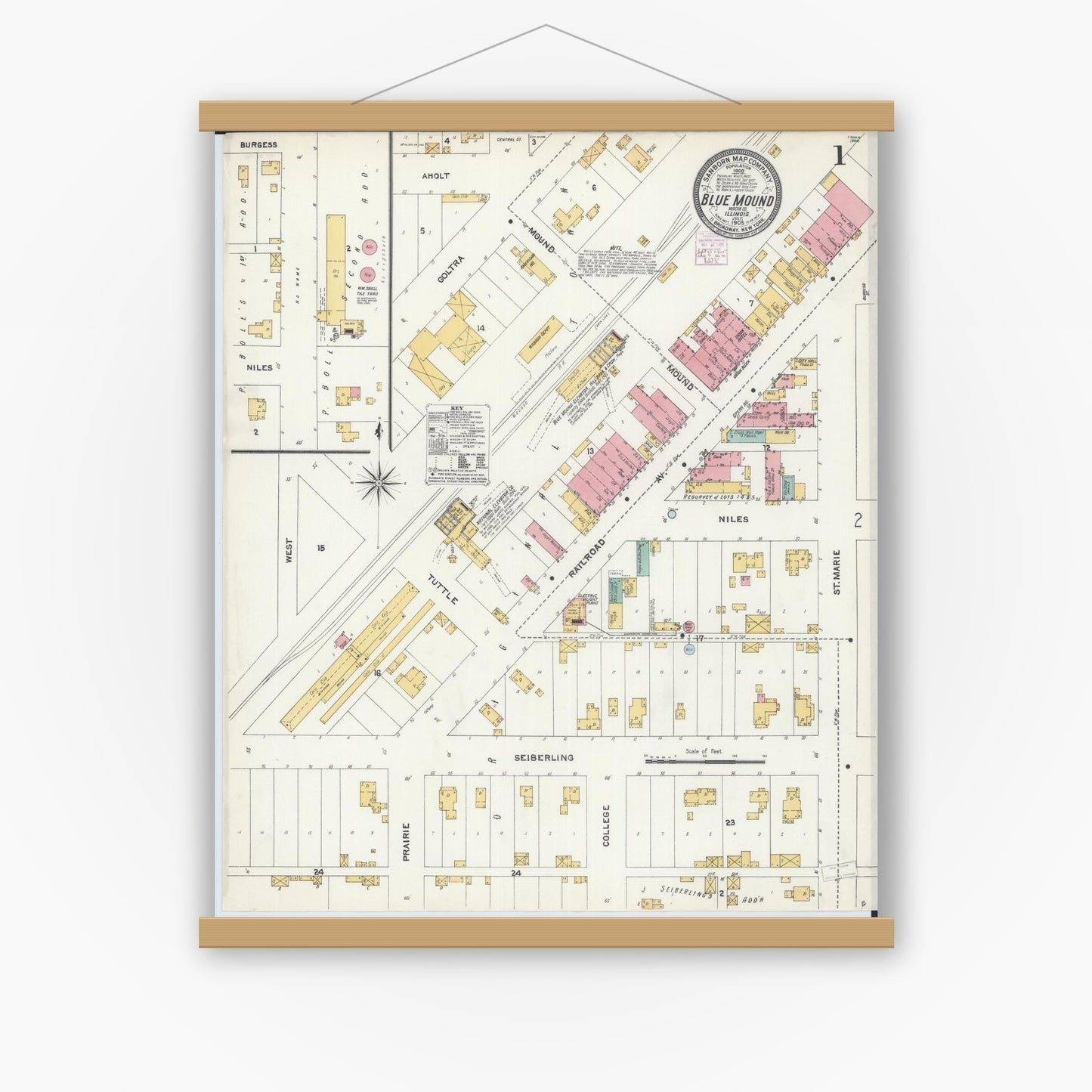 Old map wall art mockup — magnetic wood frame on white wall — Sanborn Fire Insurance Map from Blue Mound, Macon County, Illinois (1905) - Complete Map Set