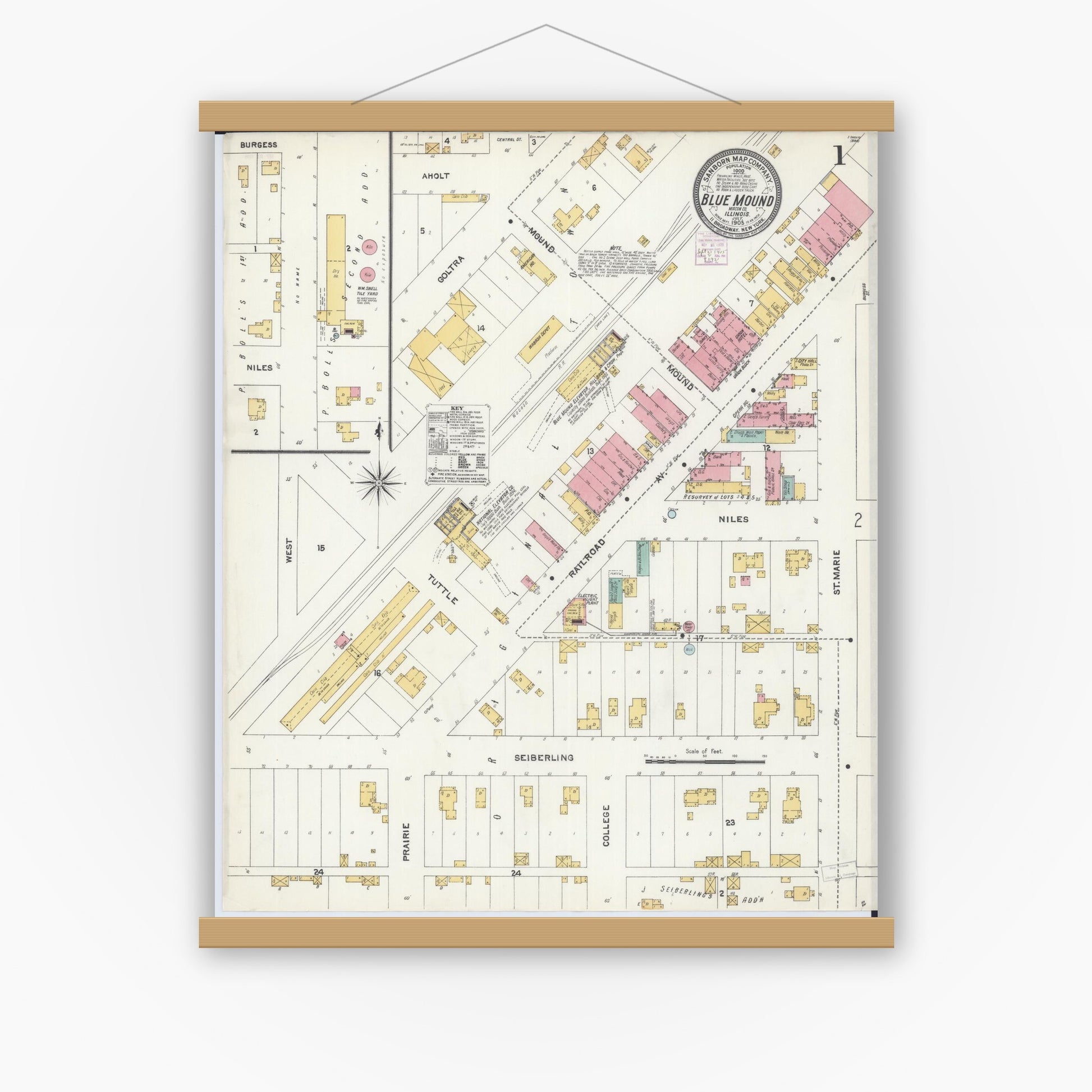 Old map wall art mockup — magnetic wood frame on white wall — Sanborn Fire Insurance Map from Blue Mound, Macon County, Illinois (1905) - Complete Map Set