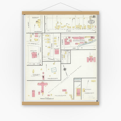 Old map wall art mockup — magnetic wood frame on white wall — Sanborn Fire Insurance Map from Xenia, Greene County, Ohio (1910), Sheet #0018