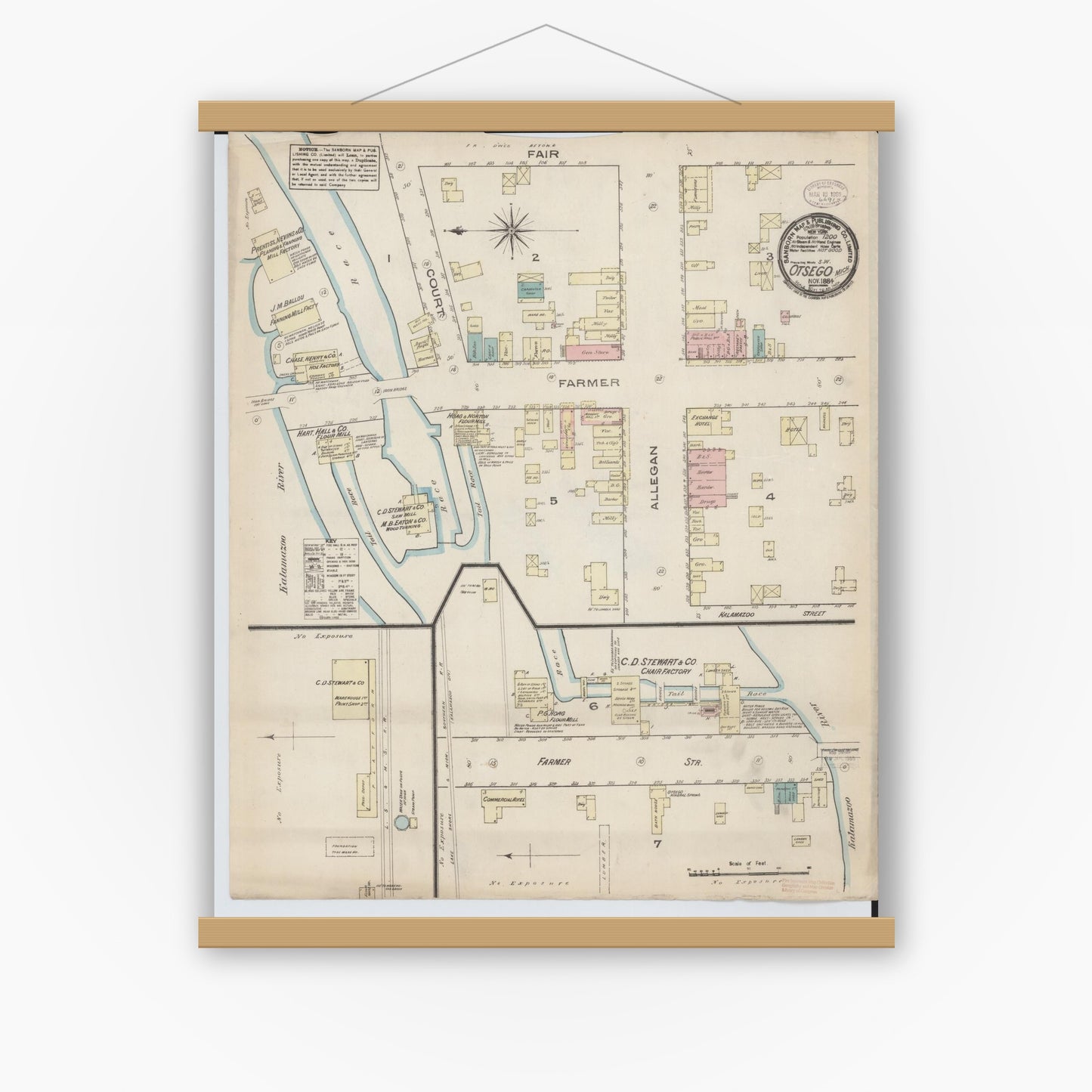 Old map wall art mockup — magnetic wood frame on white wall — Sanborn Fire Insurance Map from Otsego, Allegan County, Michigan (1884), Sheet #0001