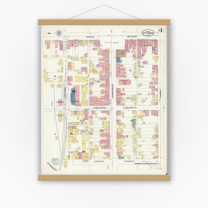 Old map wall art mockup — magnetic wood frame on white wall — Sanborn Fire Insurance Map from Gettysburg, Adams County, Pennsylvania (1907), Sheet #0004