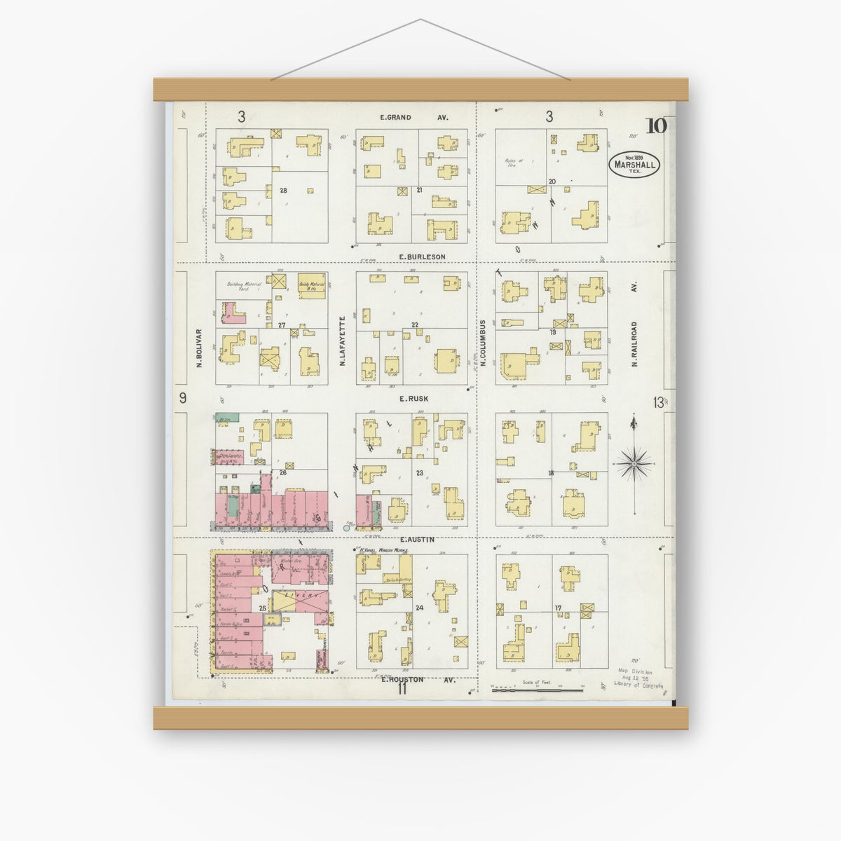 Old map wall art mockup — magnetic wood frame on white wall — Sanborn Fire Insurance Map from Marshall, Harrison County, Texas (1899), Sheet #0010