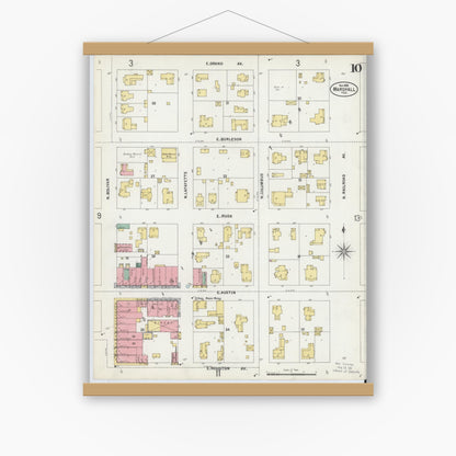 Old map wall art mockup — magnetic wood frame on white wall — Sanborn Fire Insurance Map from Marshall, Harrison County, Texas (1899), Sheet #0010