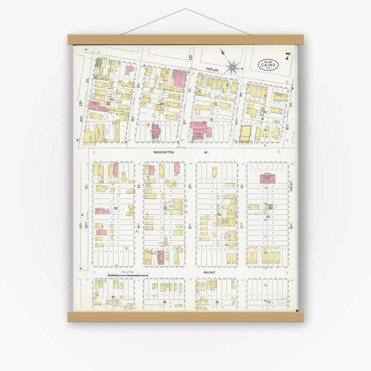 Old map wall art mockup — magnetic wood frame on white wall — Sanborn Fire Insurance Map from Cairo, Alexander County, Illinois (1901), Sheet #0007