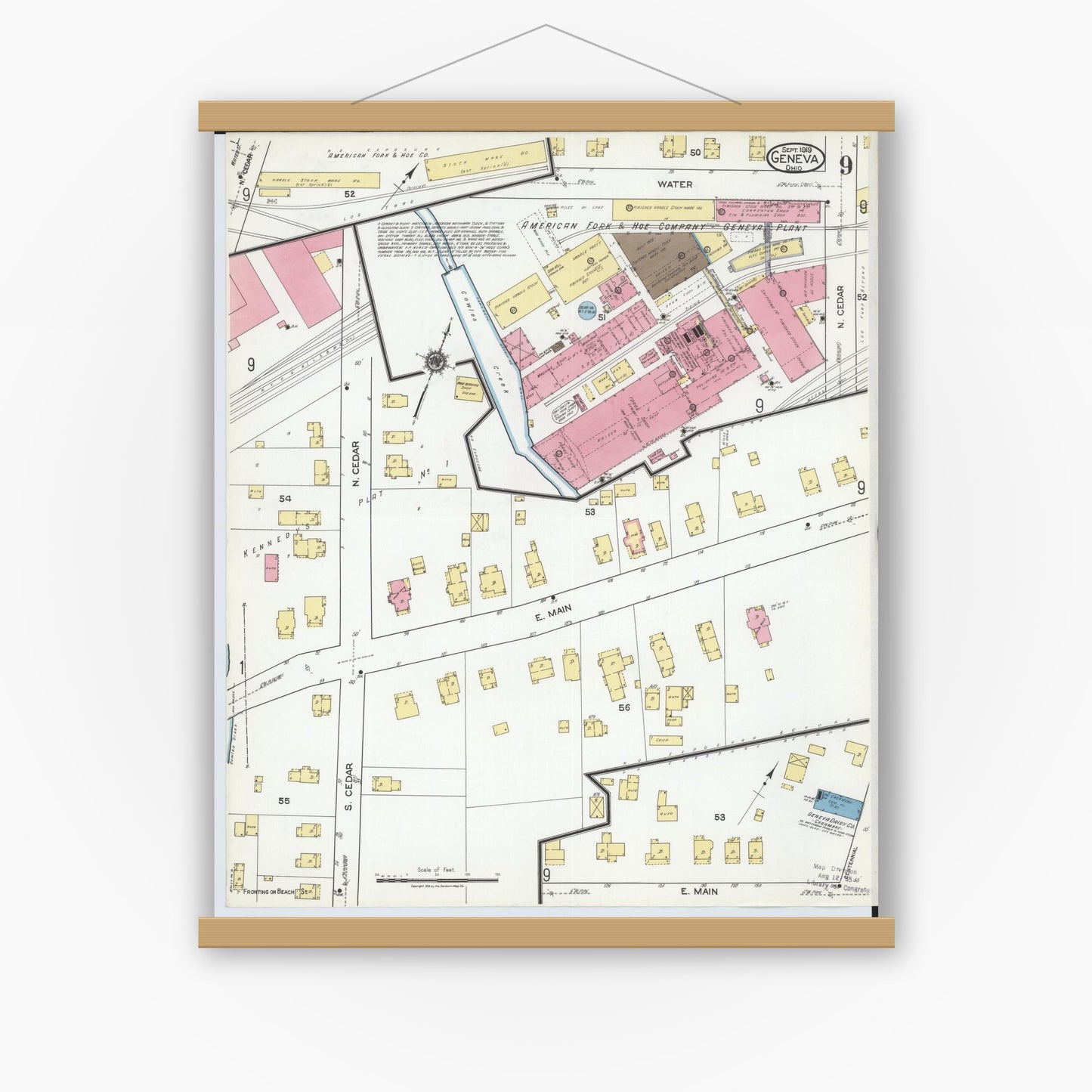 Old map wall art mockup — magnetic wood frame on white wall — Sanborn Fire Insurance Map from Geneva, Ashtabula County, Ohio (1919), Sheet #0009