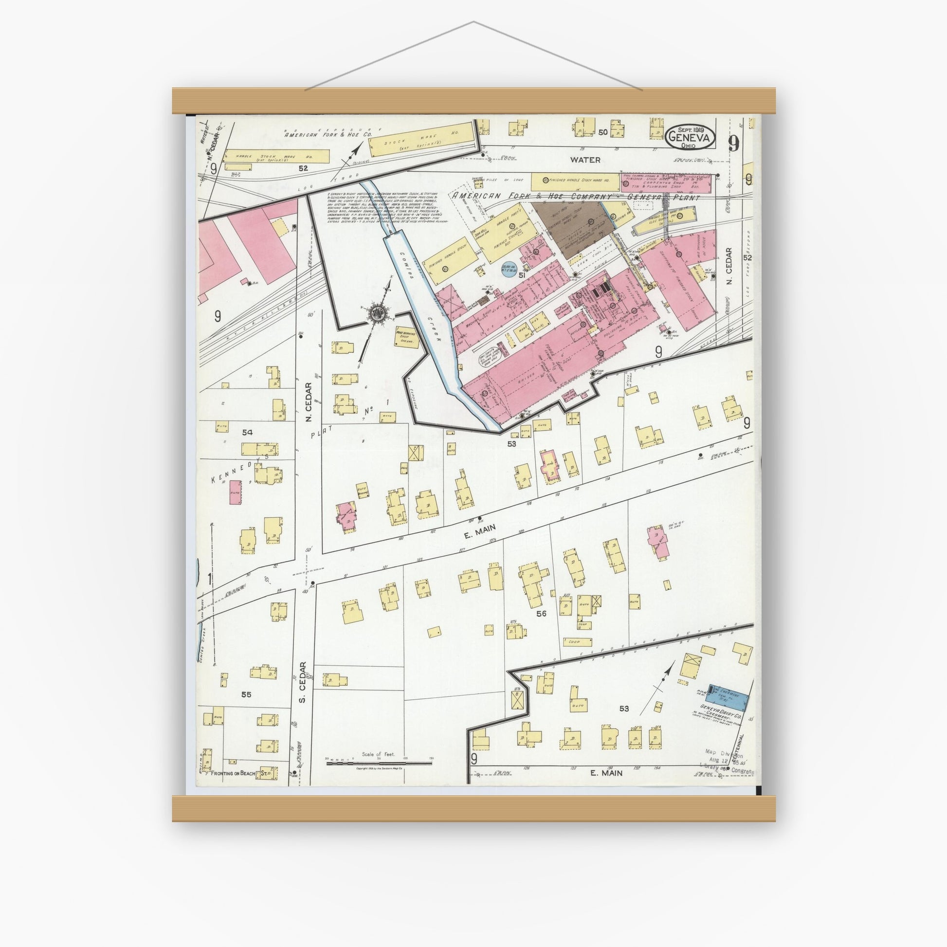 Old map wall art mockup — magnetic wood frame on white wall — Sanborn Fire Insurance Map from Geneva, Ashtabula County, Ohio (1919), Sheet #0009