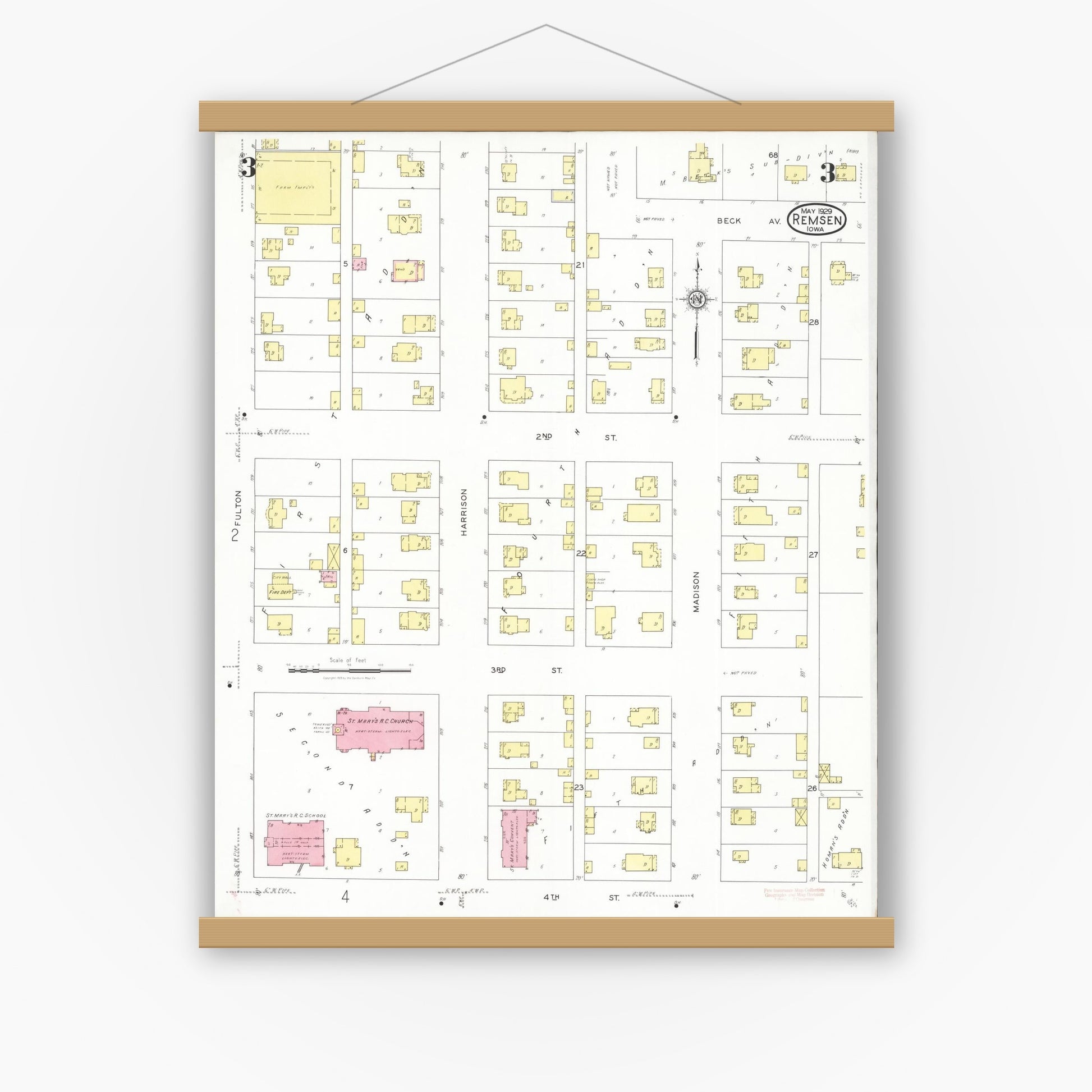 Old map wall art mockup — magnetic wood frame on white wall — Sanborn Fire Insurance Map from Remsen, Plymouth County, Iowa (1929), Sheet #0003